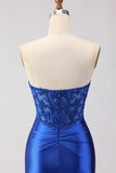 Sparkly Royal Blue Appliqued Mermaid Long Corset Prom Dress with Slit