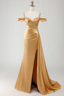 Sparkly Golden Mermaid Long Prom Dress with Side Cape