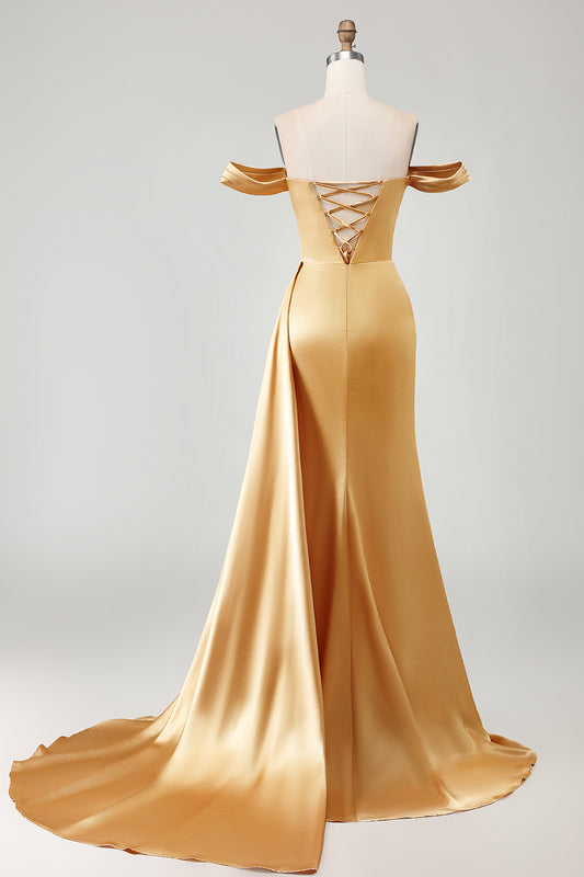 Sparkly Golden Mermaid Long Prom Dress with Side Cape
