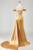 Sparkly Golden Mermaid Long Prom Dress with Side Cape