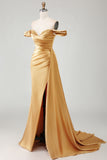 Sparkly Golden Mermaid Long Prom Dress with Side Cape