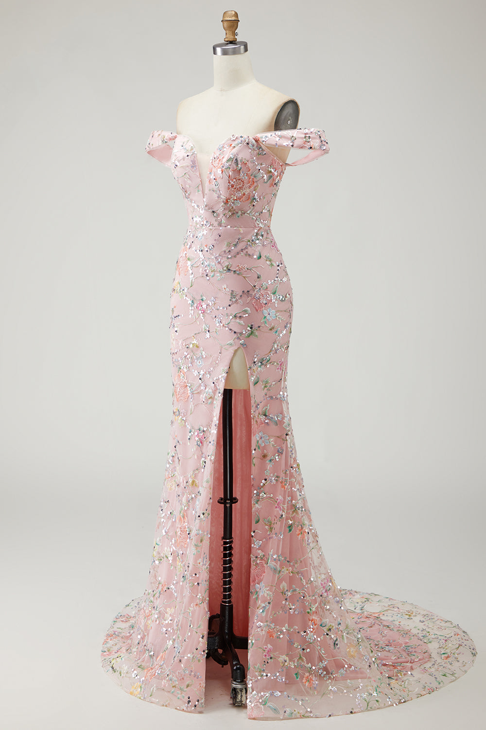 Blush Floral Mermaid Long Prom Dress with Embroidery