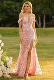 Blush Floral Mermaid Off the Shoulder Long Prom Dress with Embroidery