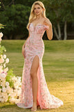 Blush Floral Mermaid Off the Shoulder Long Prom Dress with Embroidery