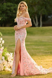 Blush Floral Mermaid Off the Shoulder Long Prom Dress with Embroidery