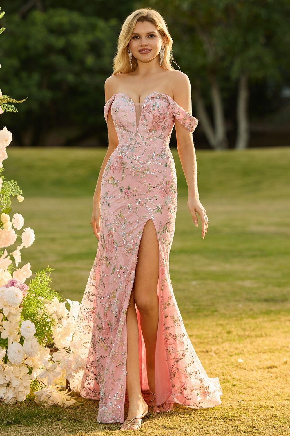 Blush Floral Mermaid Off the Shoulder Long Prom Dress with Embroidery