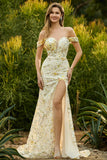 Blush Floral Mermaid Off the Shoulder Long Prom Dress with Embroidery