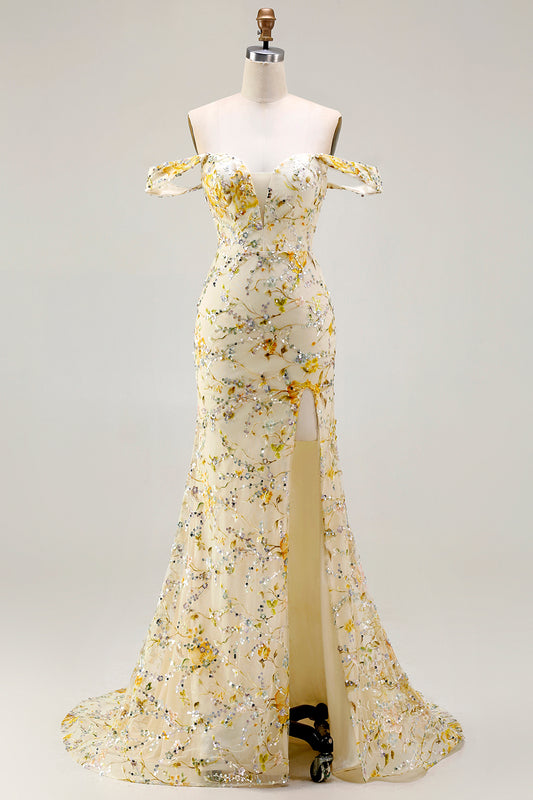 Floral Yellow Mermaid Long Prom Dress with Embroidery