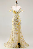 Floral Yellow Mermaid Long Prom Dress with Embroidery
