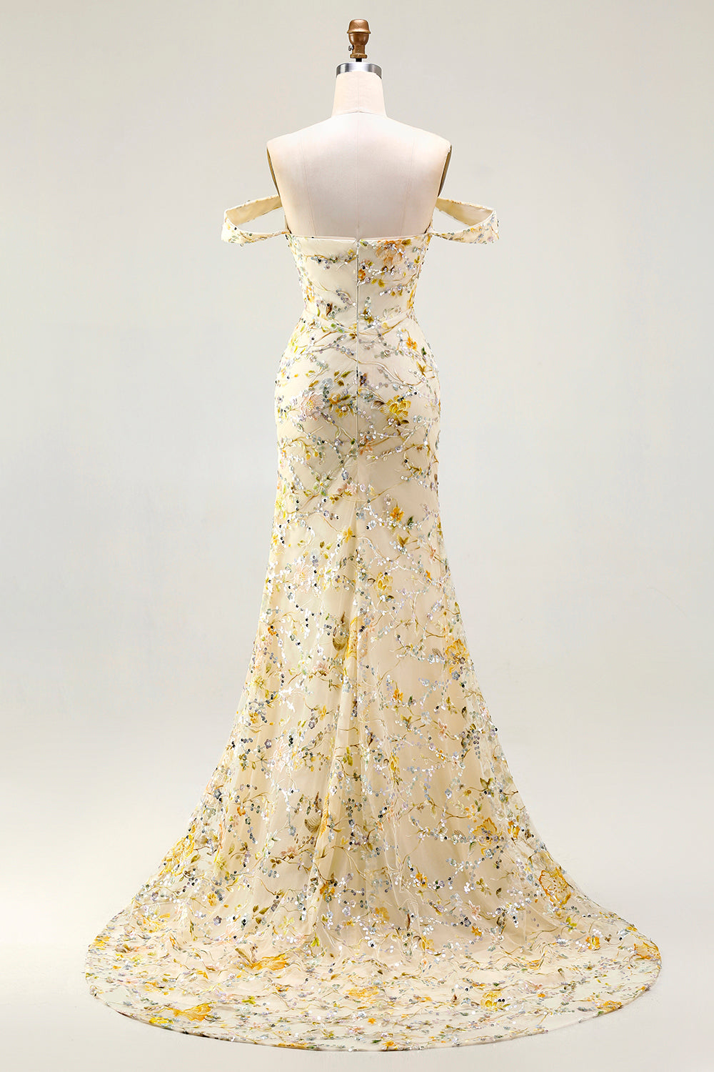 Floral Yellow Mermaid Long Prom Dress with Embroidery