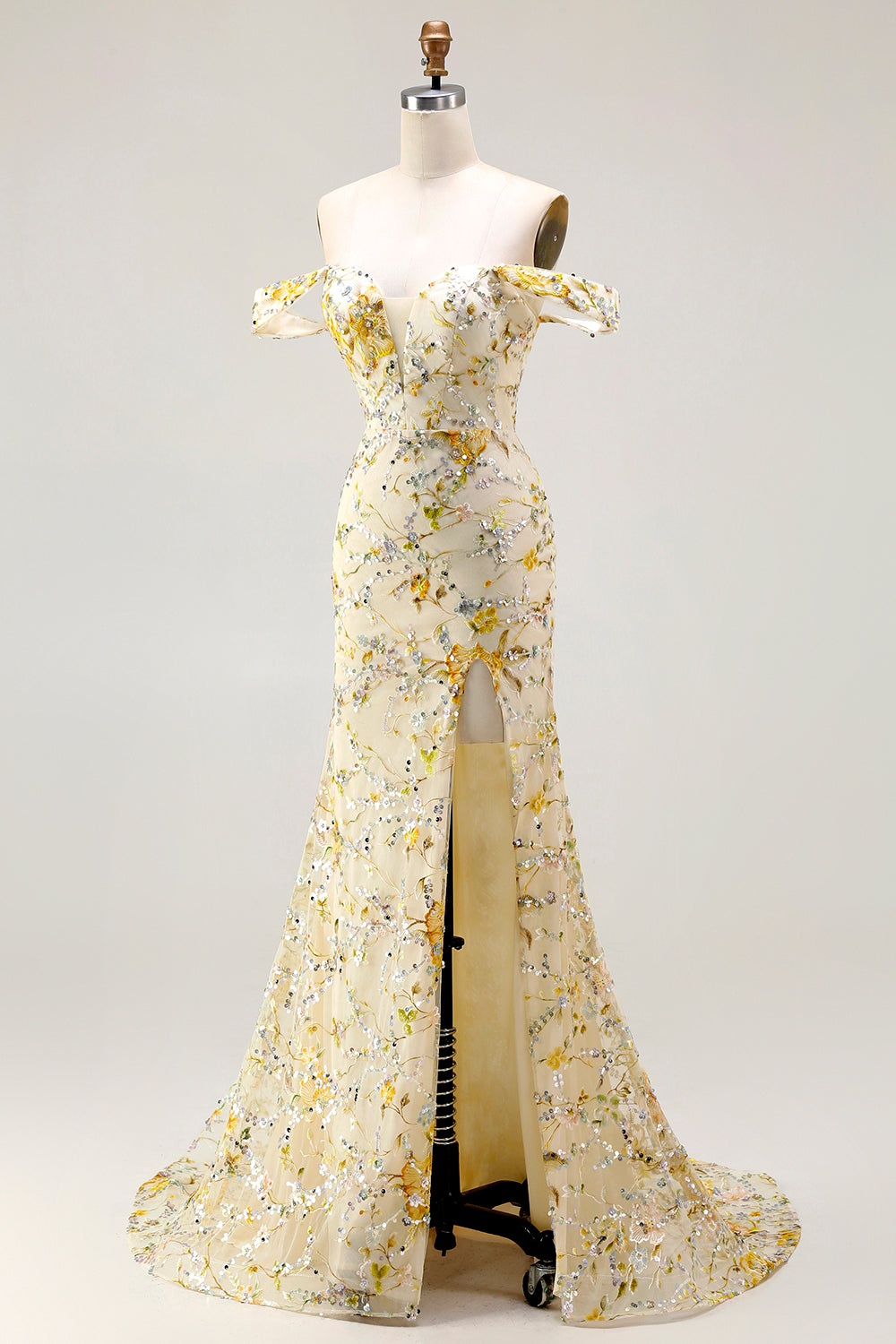 Floral Yellow Mermaid Long Prom Dress with Embroidery