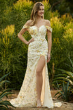 Blush Floral Mermaid Off the Shoulder Long Prom Dress with Embroidery
