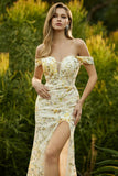 Blush Floral Mermaid Off the Shoulder Long Prom Dress with Embroidery