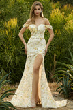 Blush Floral Mermaid Off the Shoulder Long Prom Dress with Embroidery