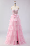 Pink Sweetheart A Line Ruffled Long Corset Prom Dress with Slit