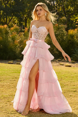 Pink A Line Tiered Sweetheart Long Corset Prom Dress with Slit