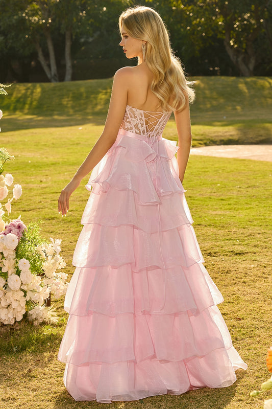 Pink A Line Tiered Sweetheart Long Corset Prom Dress with Slit