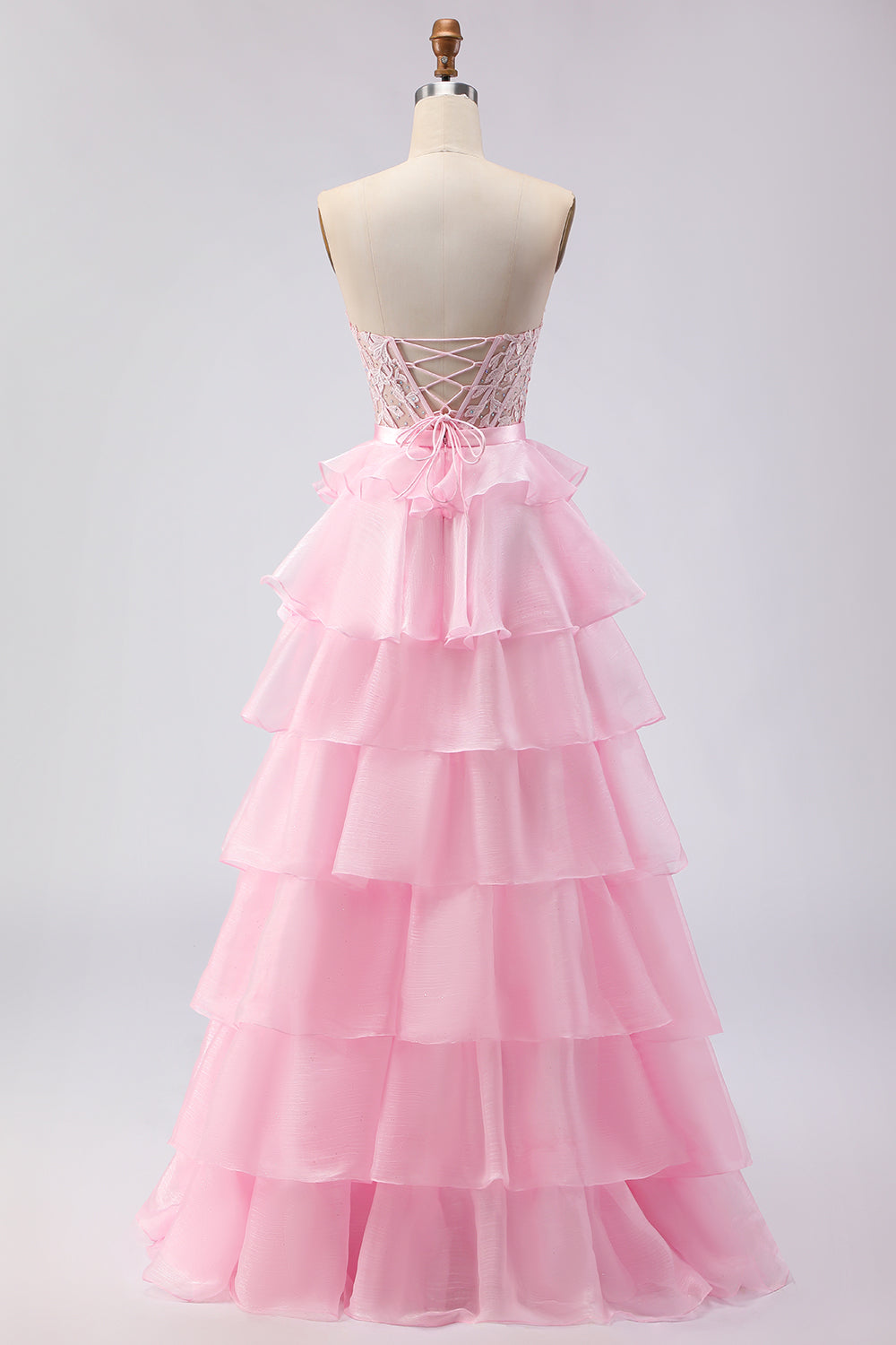 Pink Sweetheart A Line Ruffled Long Corset Prom Dress with Slit