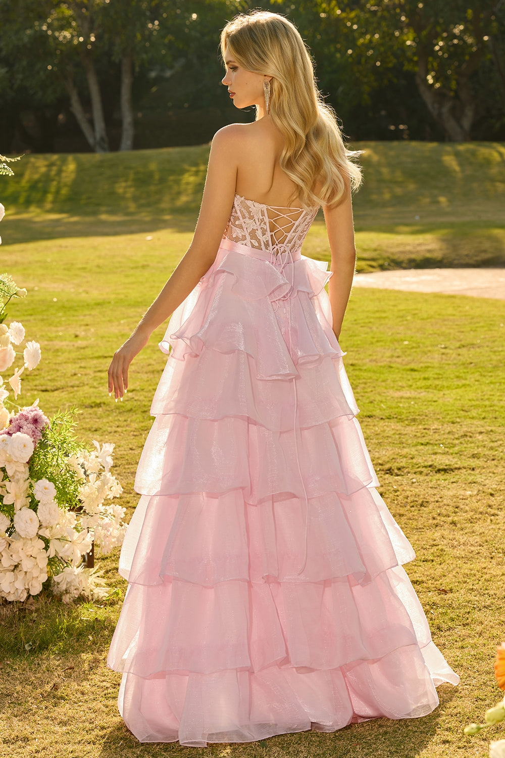 Green A Line Tiered Sweetheart Long Corset Prom Dress with Slit