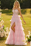 Pink A Line Tiered Sweetheart Long Corset Prom Dress with Slit