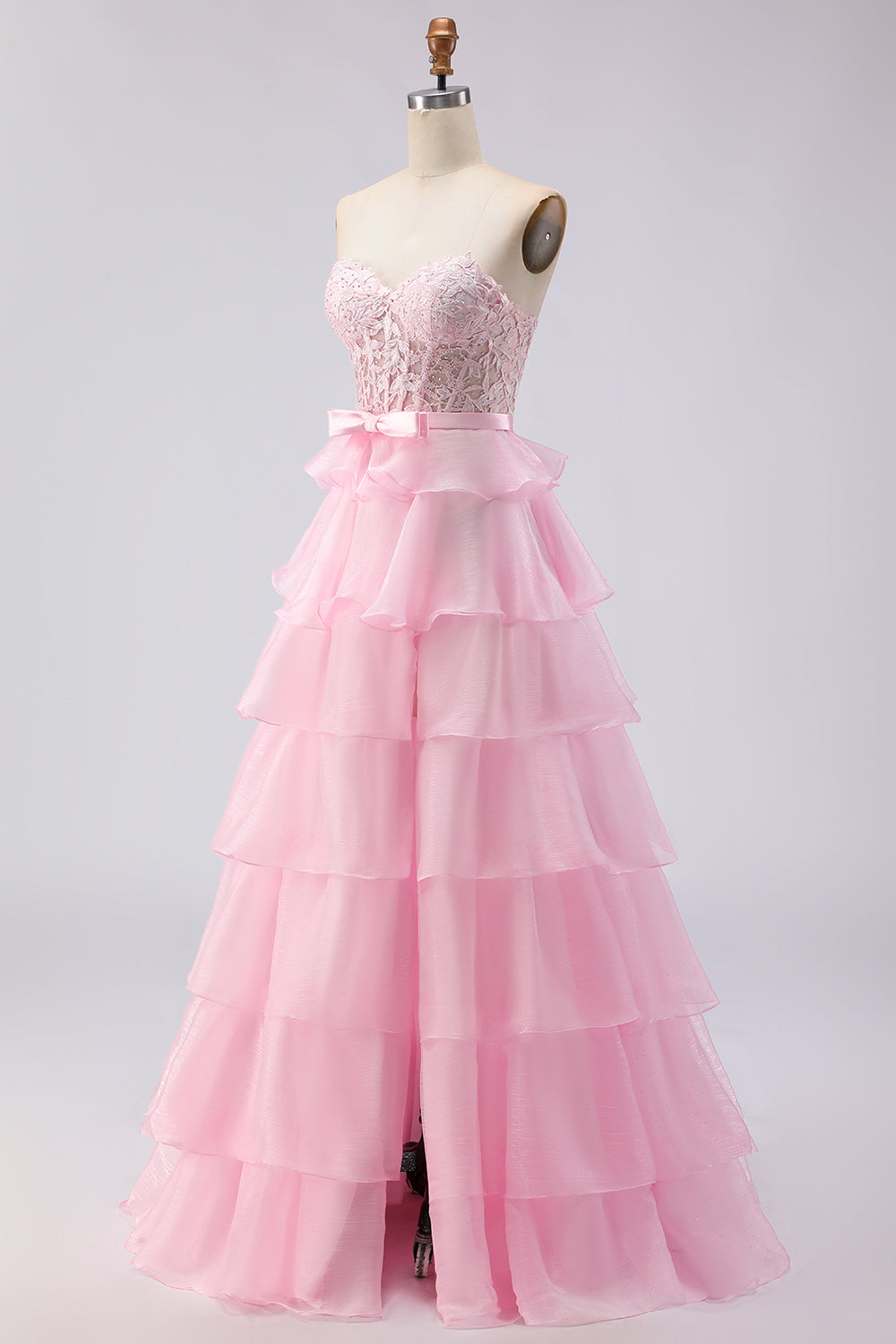 Pink Sweetheart A Line Ruffled Long Corset Prom Dress with Slit