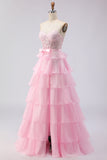 Pink Sweetheart A Line Ruffled Long Corset Prom Dress with Slit