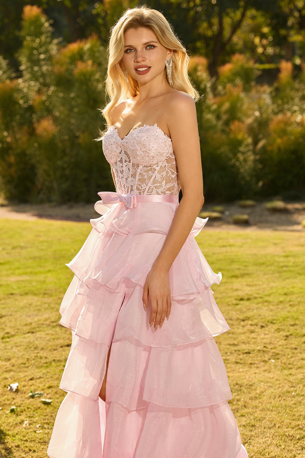 Pink A Line Tiered Sweetheart Long Corset Prom Dress with Slit