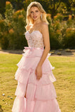 Pink A Line Tiered Sweetheart Long Corset Prom Dress with Slit