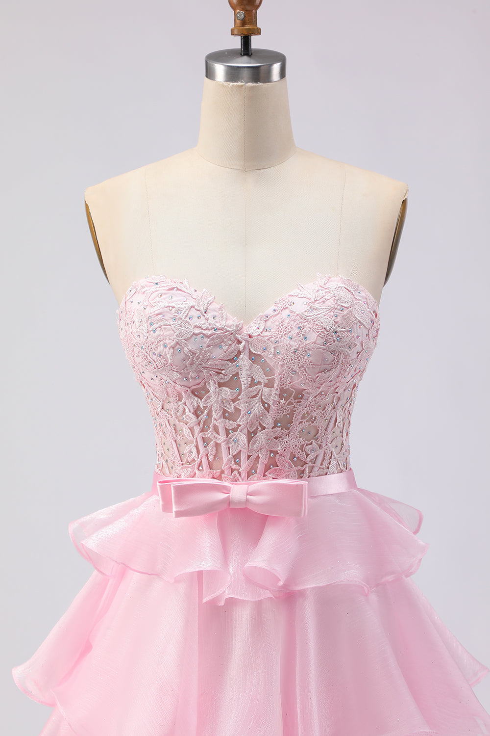 Pink Sweetheart A Line Ruffled Long Corset Prom Dress with Slit