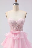 Pink Sweetheart A Line Ruffled Long Corset Prom Dress with Slit