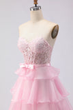 Pink Sweetheart A Line Ruffled Long Corset Prom Dress with Slit