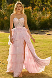 Pink A Line Tiered Sweetheart Long Corset Prom Dress with Slit