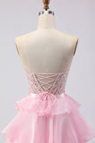 Pink Sweetheart A Line Ruffled Long Corset Prom Dress with Slit