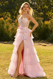 Pink A Line Tiered Sweetheart Long Corset Prom Dress with Slit