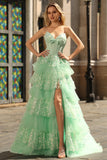 Green Strapless Ruffled Corset Long Prom Dress with Bow