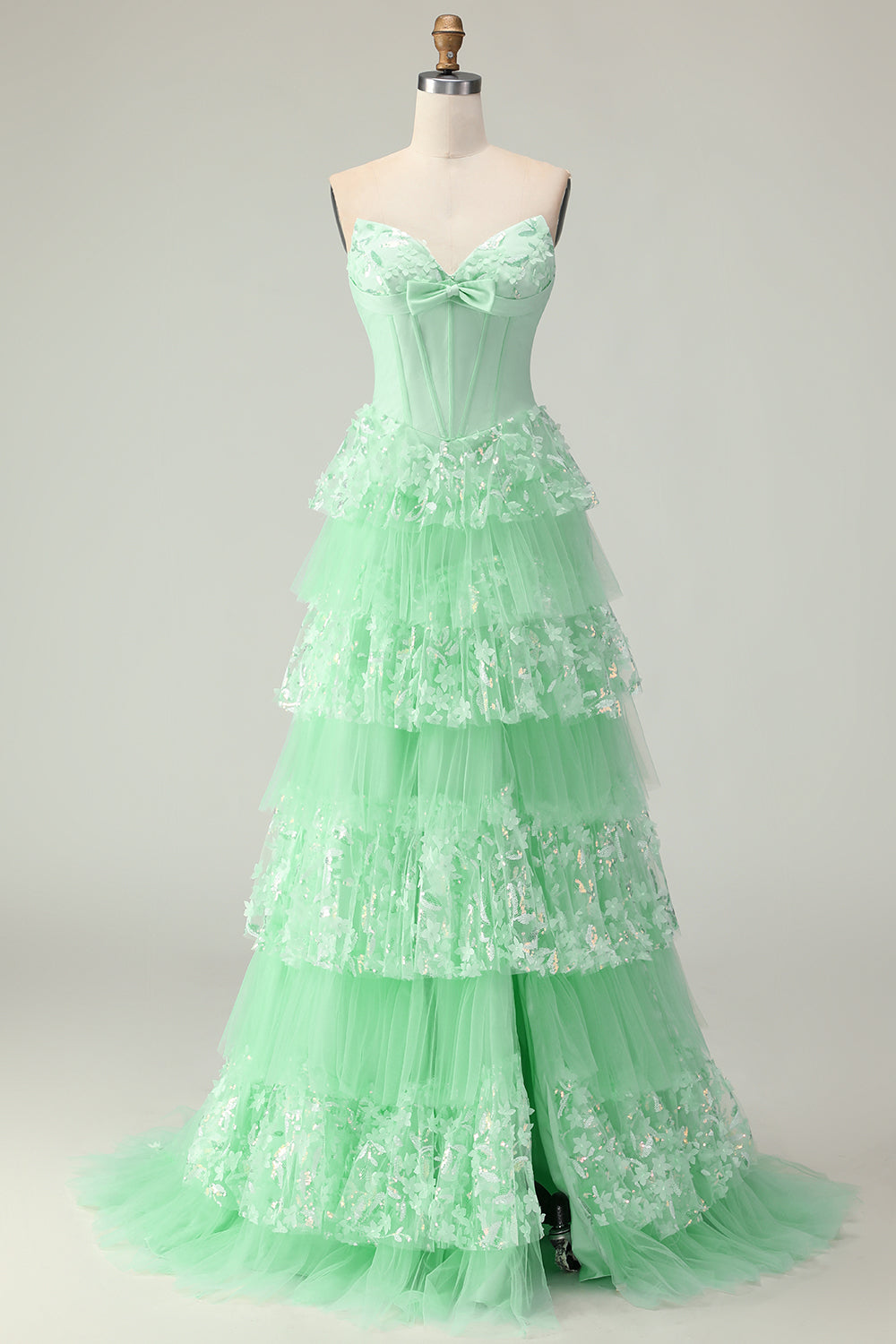 Green A Line Ruffled Strapless Long Corset Prom Dress with Bow