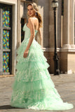 Green Strapless Ruffled Corset Long Prom Dress with Bow
