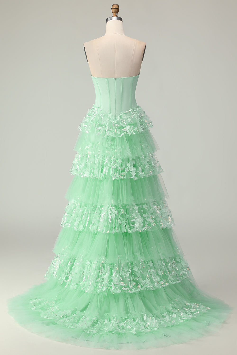 Green A Line Ruffled Strapless Long Corset Prom Dress with Bow