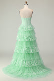 Green A Line Ruffled Strapless Long Corset Prom Dress with Bow