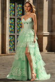 Green A Line Ruffled Strapless Long Corset Prom Dress with Bow