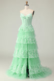 Green Strapless Ruffled Corset Long Prom Dress with Bow