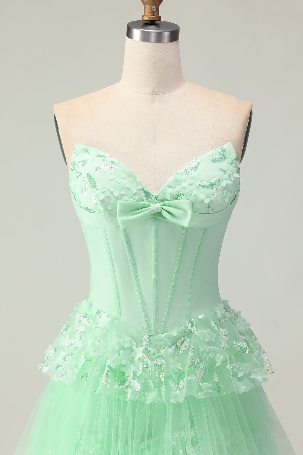 Green Strapless Ruffled Corset Long Prom Dress with Bow