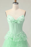 Green Strapless Ruffled Corset Long Prom Dress with Bow