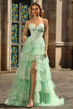 Green A Line Ruffled Strapless Long Corset Prom Dress with Bow