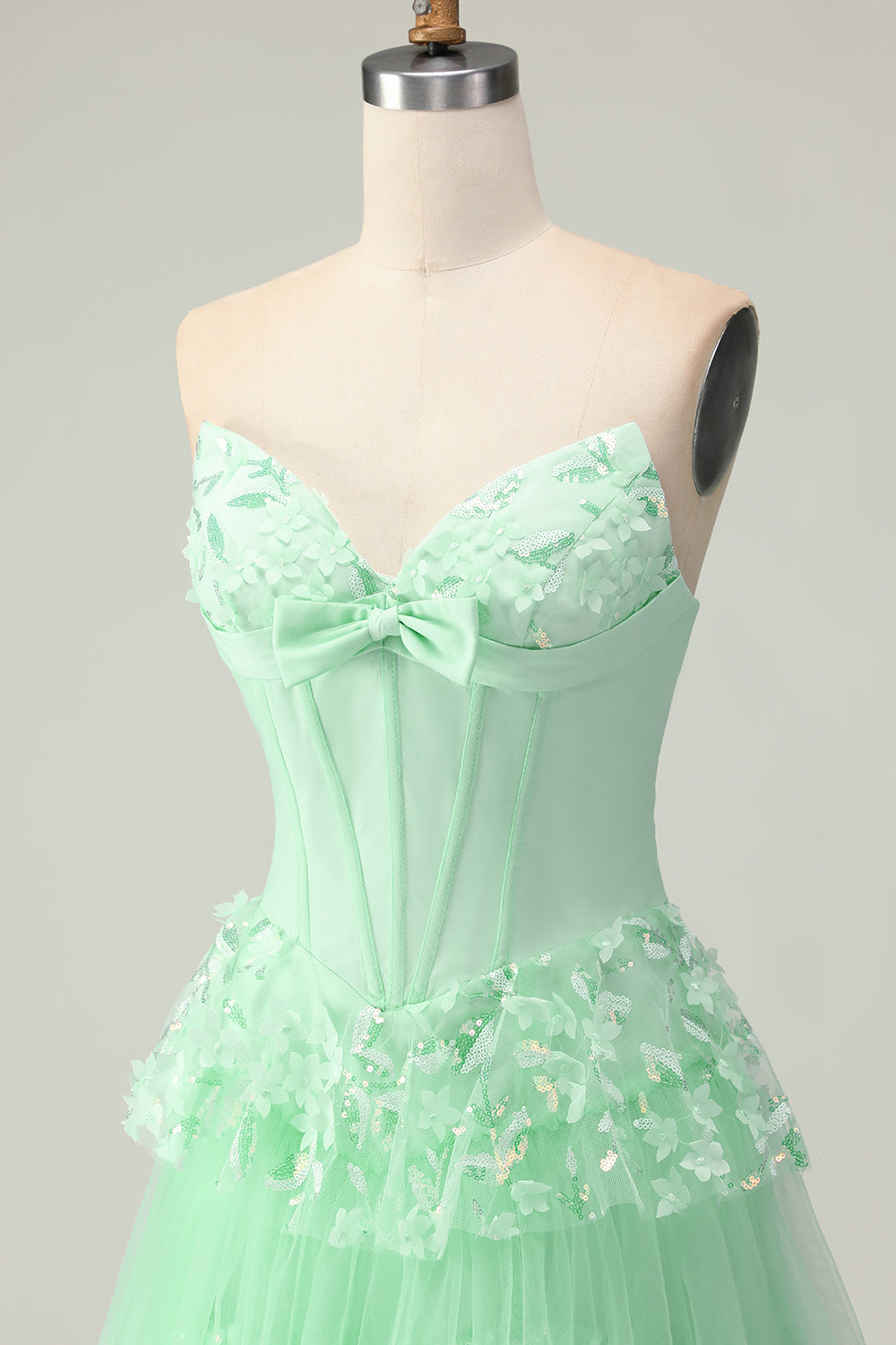 Green Strapless Ruffled Corset Long Prom Dress with Bow