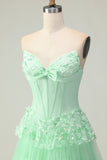 Green Strapless Ruffled Corset Long Prom Dress with Bow