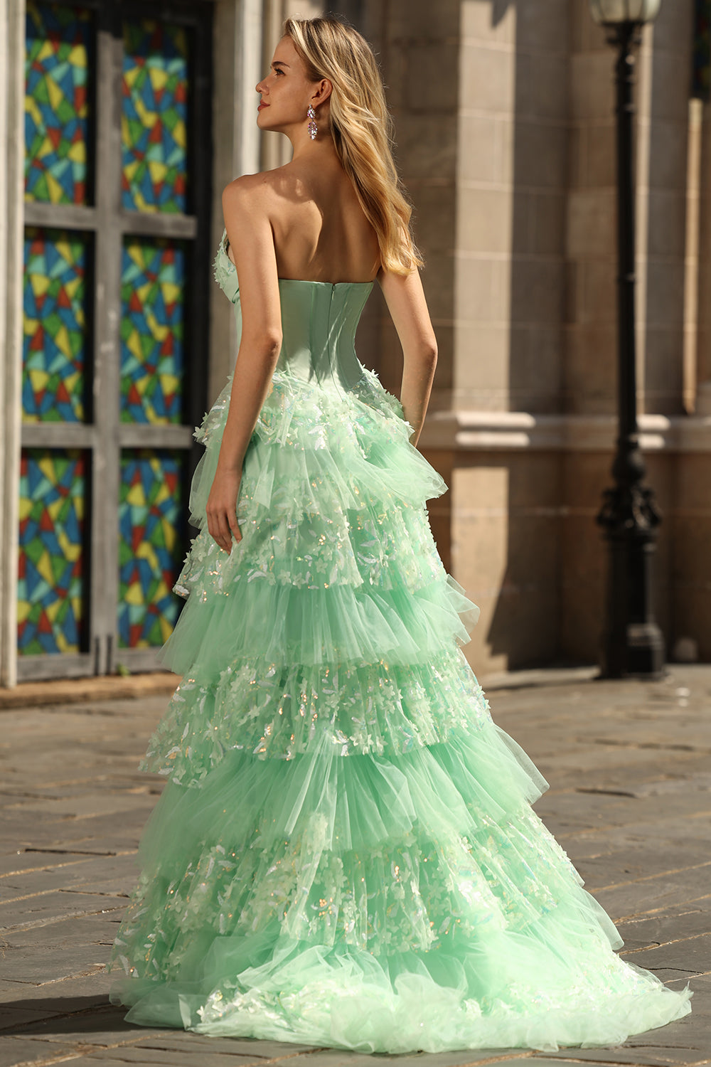 Green A Line Ruffled Strapless Long Corset Prom Dress with Bow