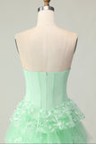 Green Strapless Ruffled Corset Long Prom Dress with Bow