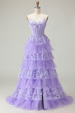 Sparkly Purple Corset A Line Strapless Long Prom Dress with Butterflies
