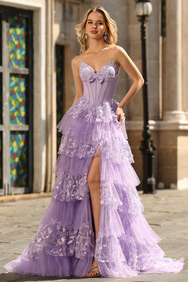 Sparkly Purple A Line Strapless Long Corset Prom Dress with Butterflies